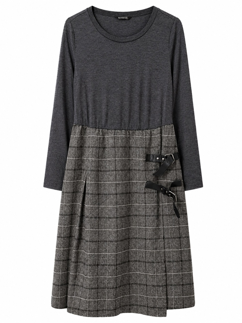 BloomChic Gray Plaid Buckle Long Sleeve Dress 14–16